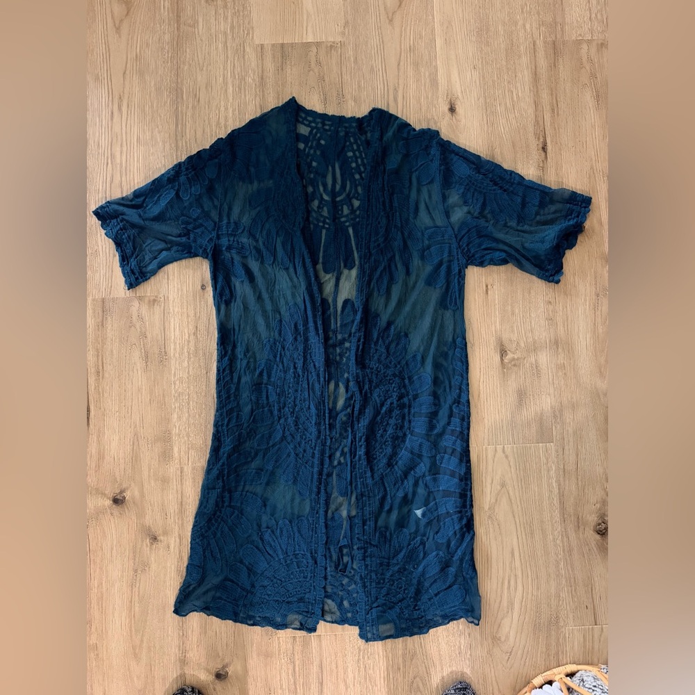 NWT Sheer Navy Blue Crochet Swim Cover-Up Kimono